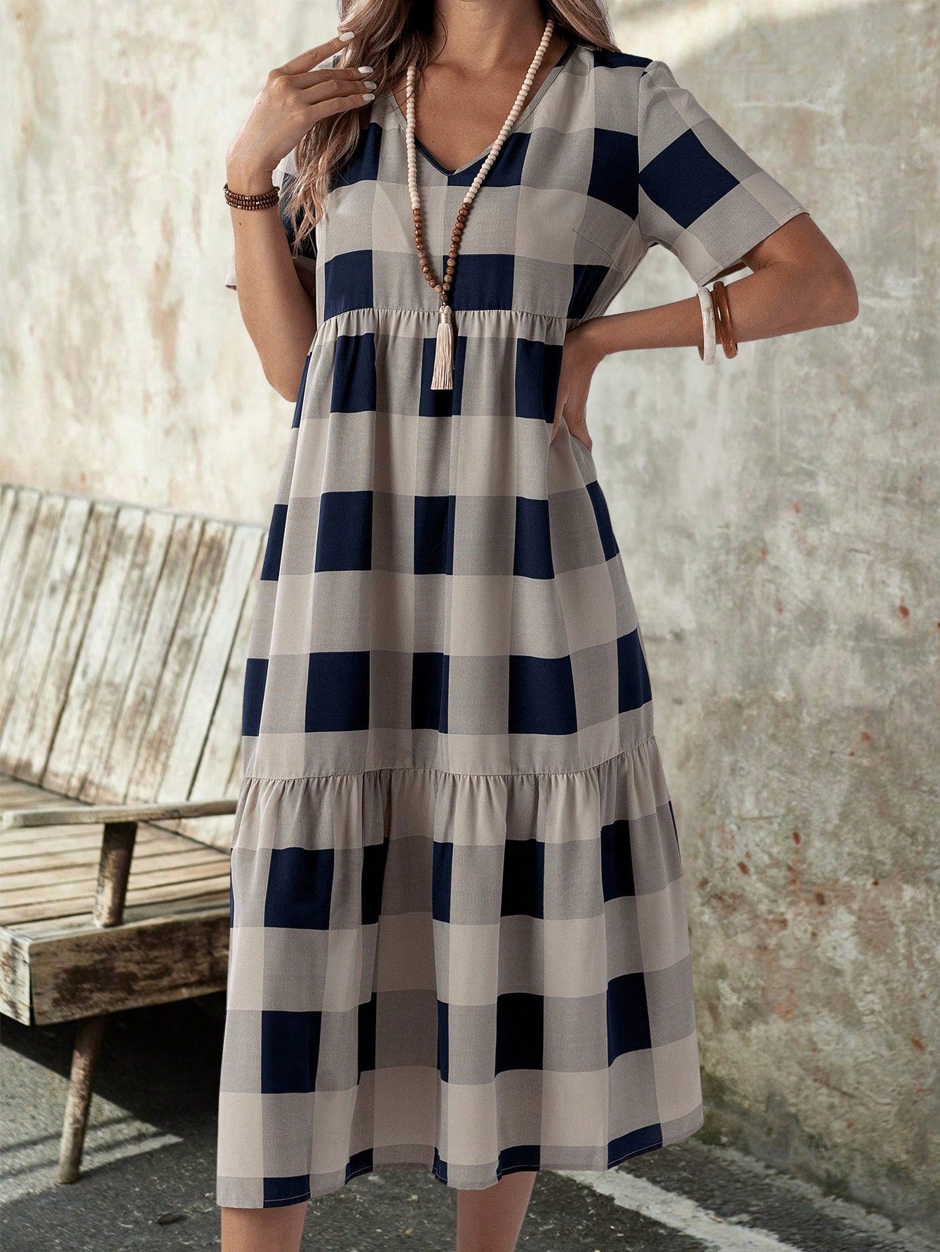 EMERY ROSE Summer Casual Plaid Print Short Sleeve Dress