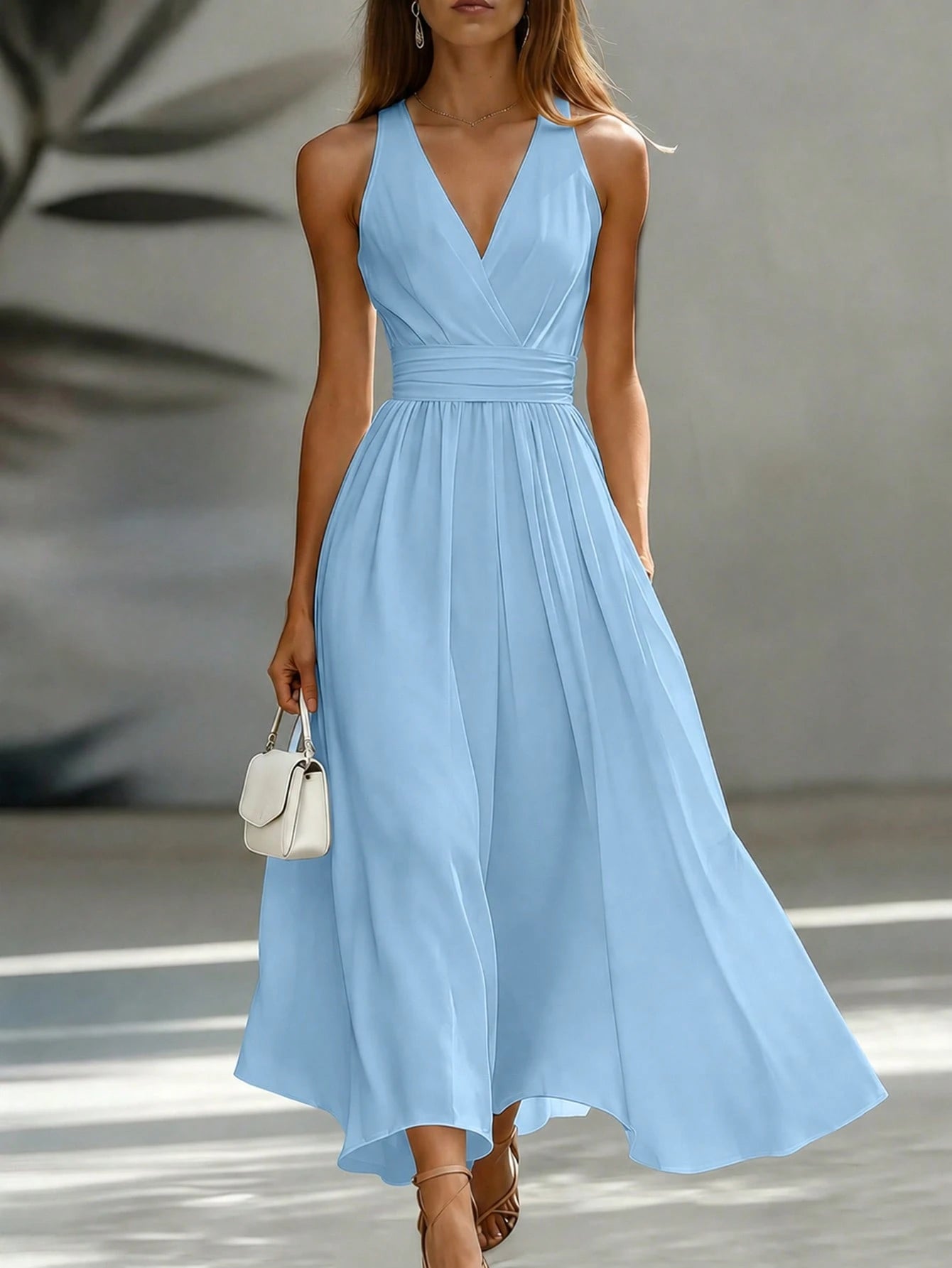 EMERY ROSE Waist-Cinching Slimming High-End French Commute Vintage Sleeveless Vacation Elegant A-Line Full Skirt Midi Dress For Women