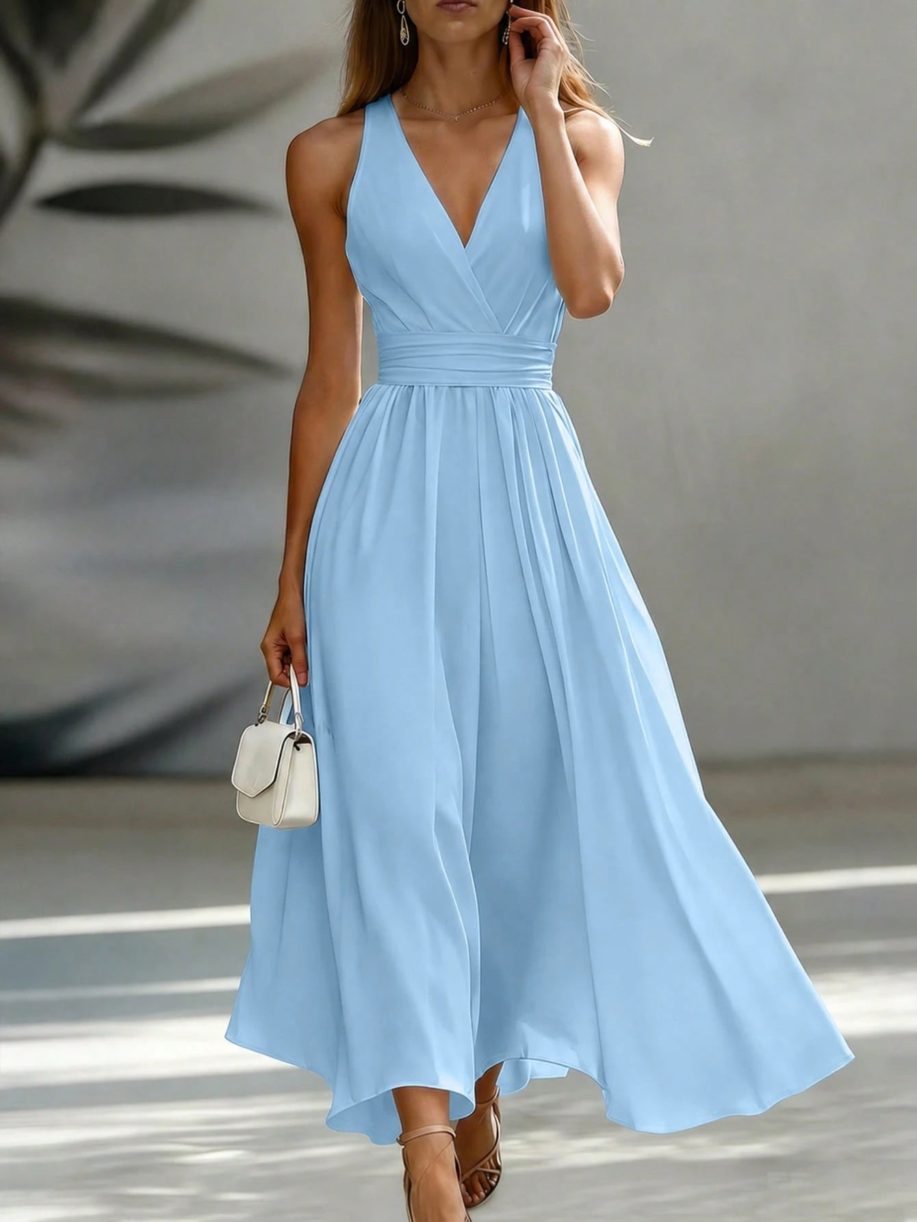 EMERY ROSE Waist-Cinching Slimming High-End French Commute Vintage Sleeveless Vacation Elegant A-Line Full Skirt Midi Dress For Women