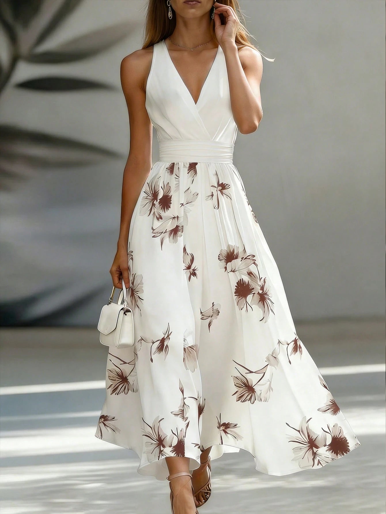 EMERY ROSE Waist-Cinching Slimming High-End French Commute Vintage Sleeveless Vacation Elegant A-Line Full Skirt Midi Dress For Women