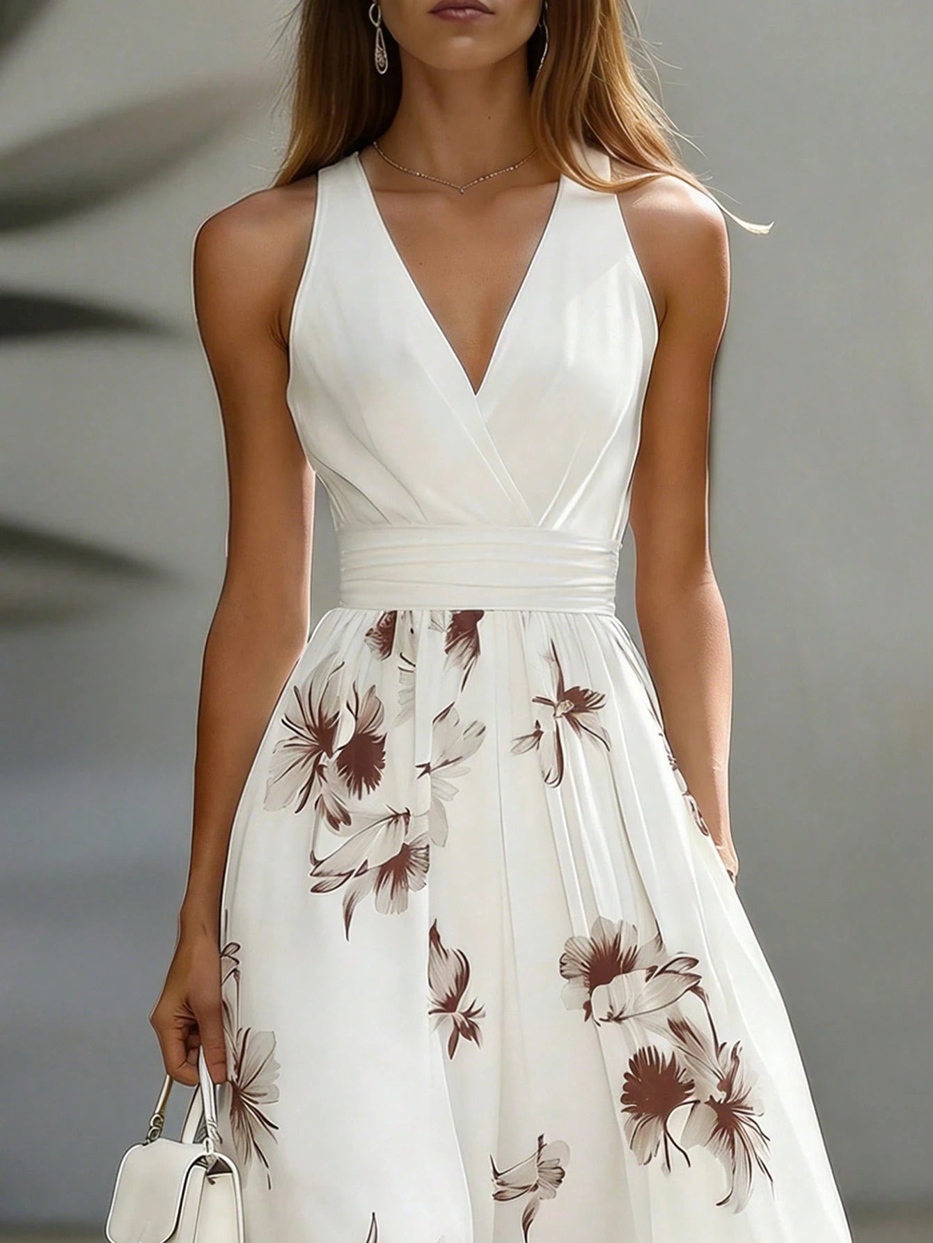 EMERY ROSE Waist-Cinching Slimming High-End French Commute Vintage Sleeveless Vacation Elegant A-Line Full Skirt Midi Dress For Women