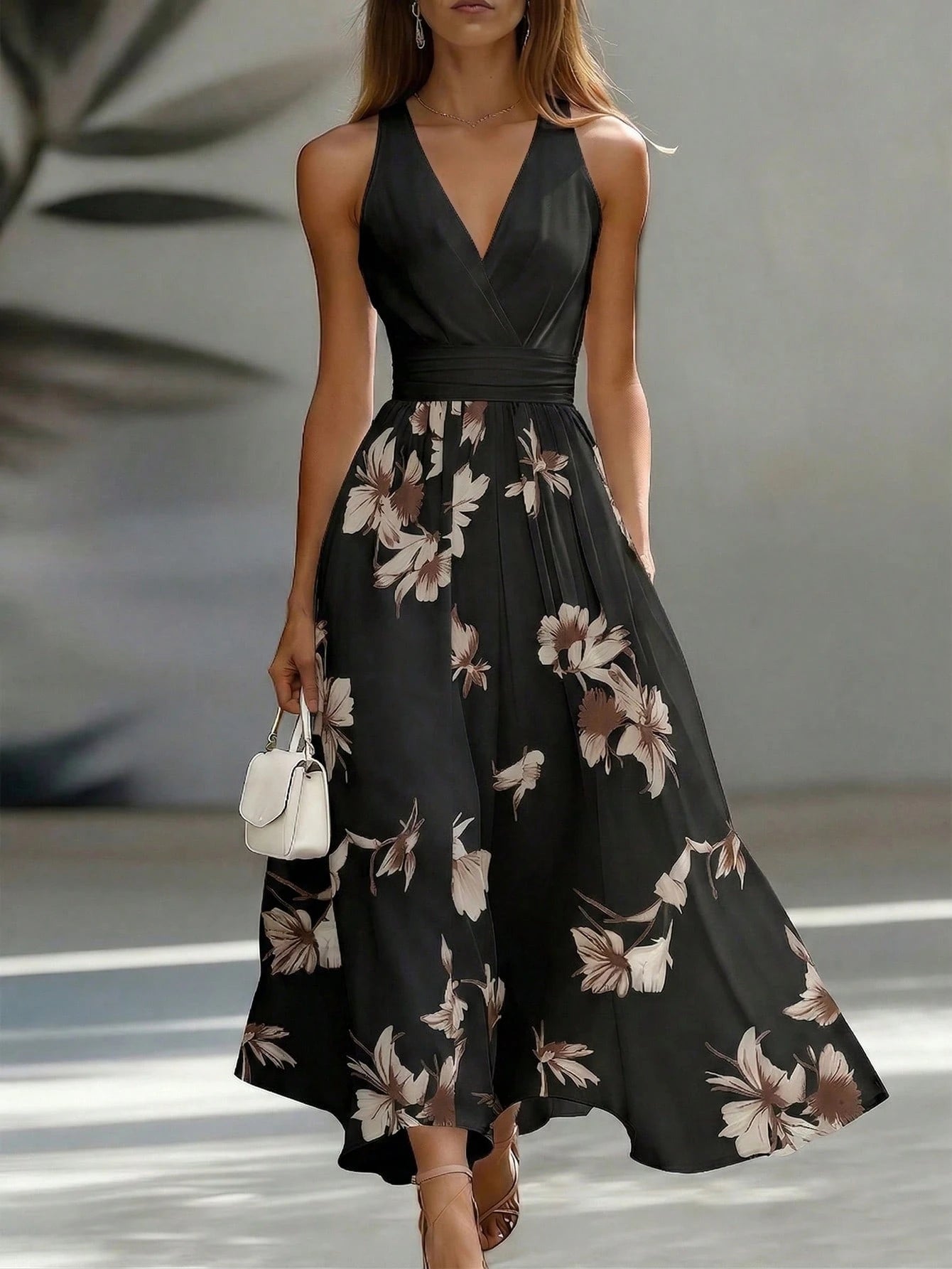 EMERY ROSE Waist-Cinching Slimming High-End French Commute Vintage Sleeveless Vacation Elegant A-Line Full Skirt Midi Dress For Women