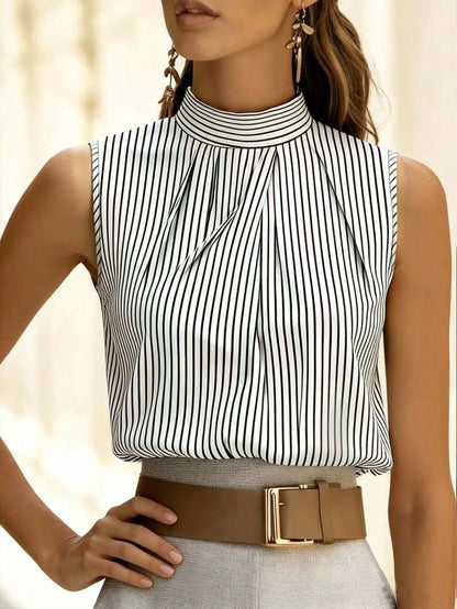 EMERY ROSE Women's Casual Commuter Striped Print Sleeveless Shirt, Versatile Blouse For Summer