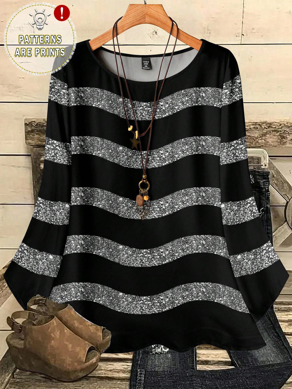 EMERY ROSE Women's Casual Elegant Black And Silver Round Neck Blouse, Suitable For Autumn Winter Spring, Summer Top Party Night Out