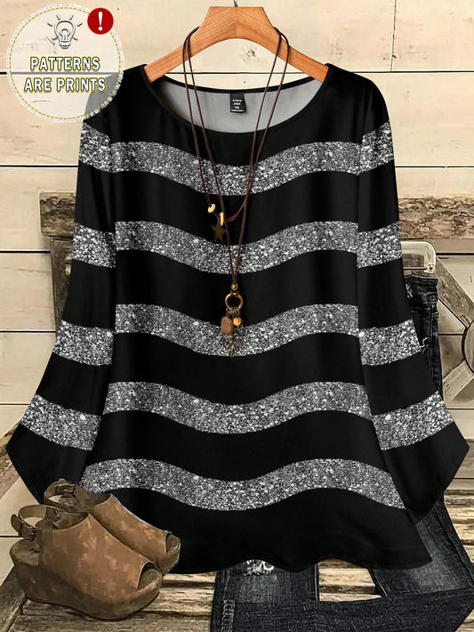EMERY ROSE Women's Casual Elegant Black And Silver Round Neck Blouse, Suitable For Autumn Winter Spring, Summer Top Party Night Out