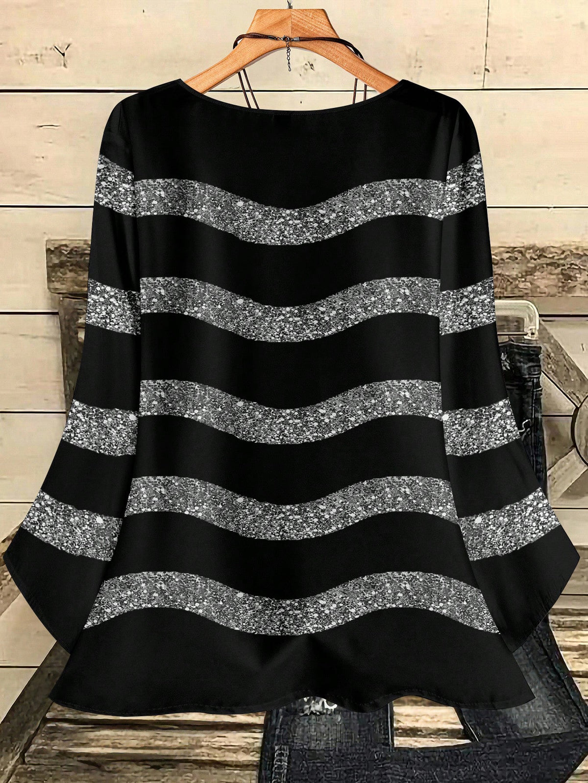 EMERY ROSE Women's Casual Elegant Black And Silver Round Neck Blouse, Suitable For Autumn Winter Spring, Summer Top Party Night Out