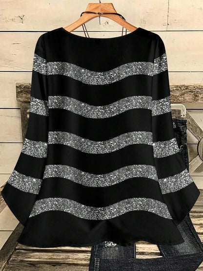 EMERY ROSE Women's Casual Elegant Black And Silver Round Neck Blouse, Suitable For Autumn Winter Spring, Summer Top Party Night Out