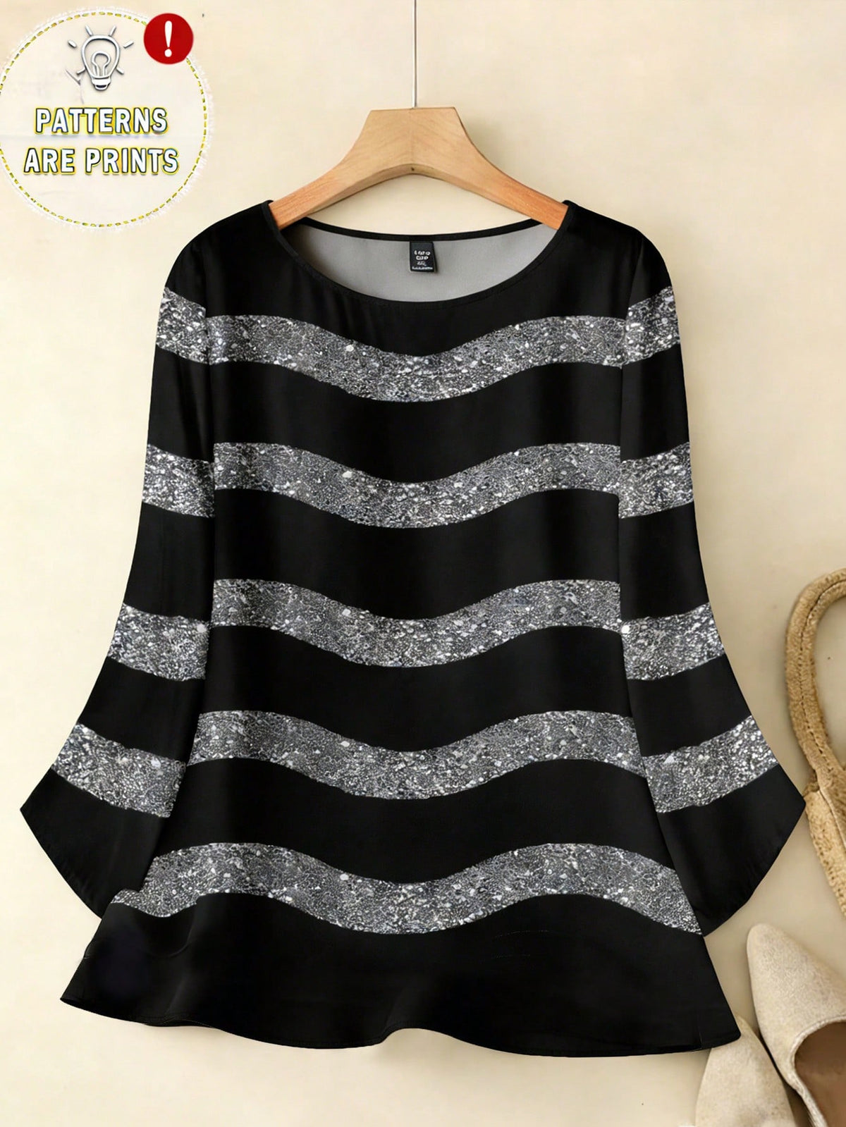 EMERY ROSE Women's Casual Elegant Black And Silver Round Neck Blouse, Suitable For Autumn Winter Spring, Summer Top Party Night Out