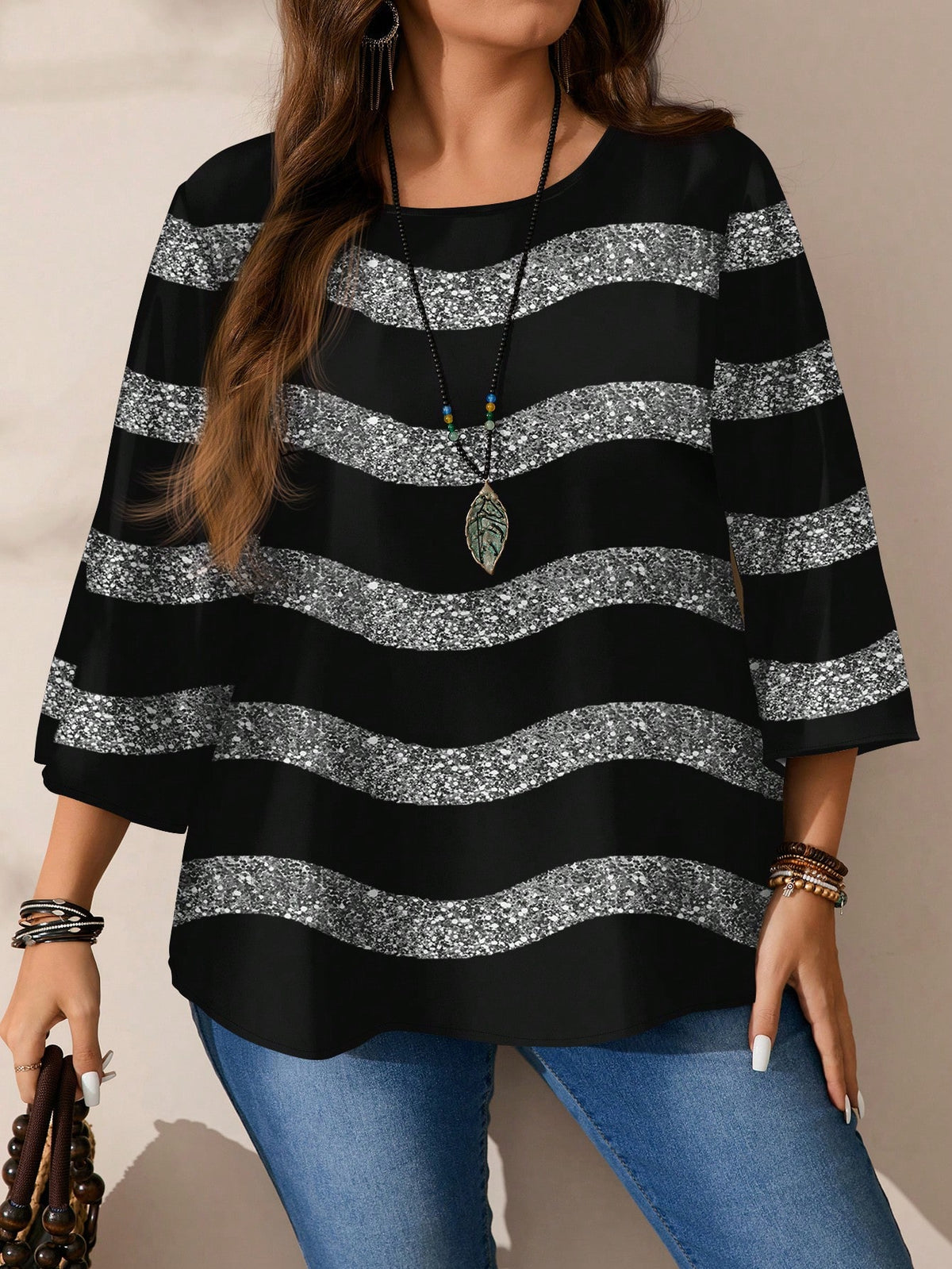 EMERY ROSE Women's Casual Elegant Black And Silver Round Neck Blouse, Suitable For Autumn Winter Spring, Summer Top Party Night Out