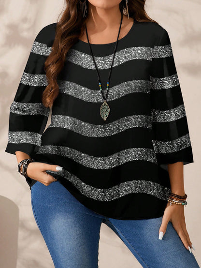 EMERY ROSE Women's Casual Elegant Black And Silver Round Neck Blouse, Suitable For Autumn Winter Spring, Summer Top Party Night Out