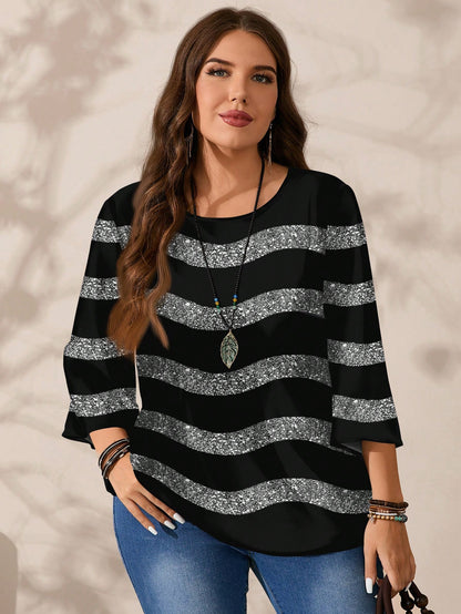 EMERY ROSE Women's Casual Elegant Black And Silver Round Neck Blouse, Suitable For Autumn Winter Spring, Summer Top Party Night Out