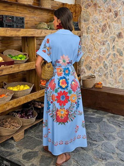 EMERY ROSE Women's Casual Vacation Placement Print Batwing Sleeve Long Dress, Suitable For Daily Wear And Vacation