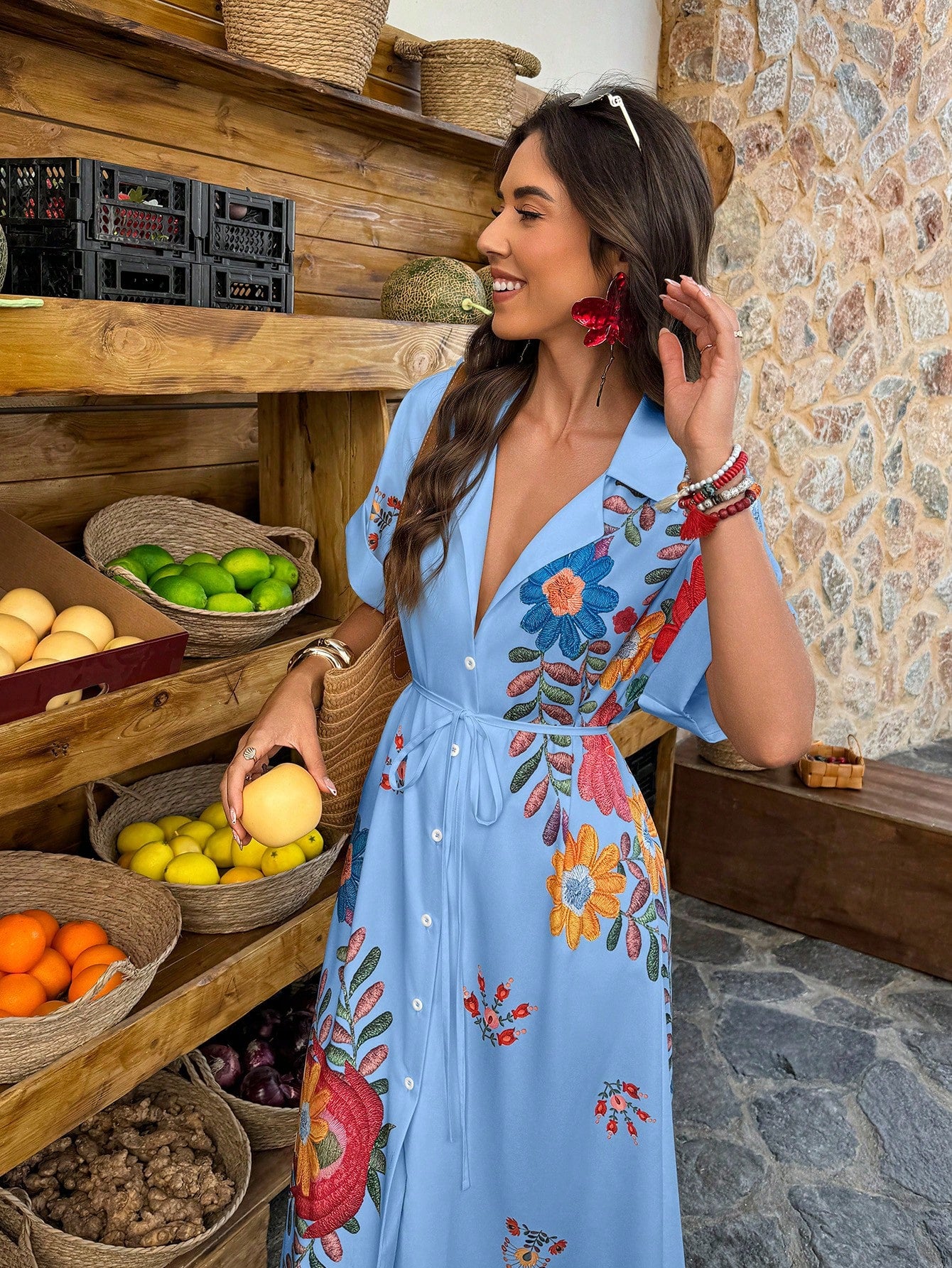 EMERY ROSE Women's Casual Vacation Placement Print Batwing Sleeve Long Dress, Suitable For Daily Wear And Vacation