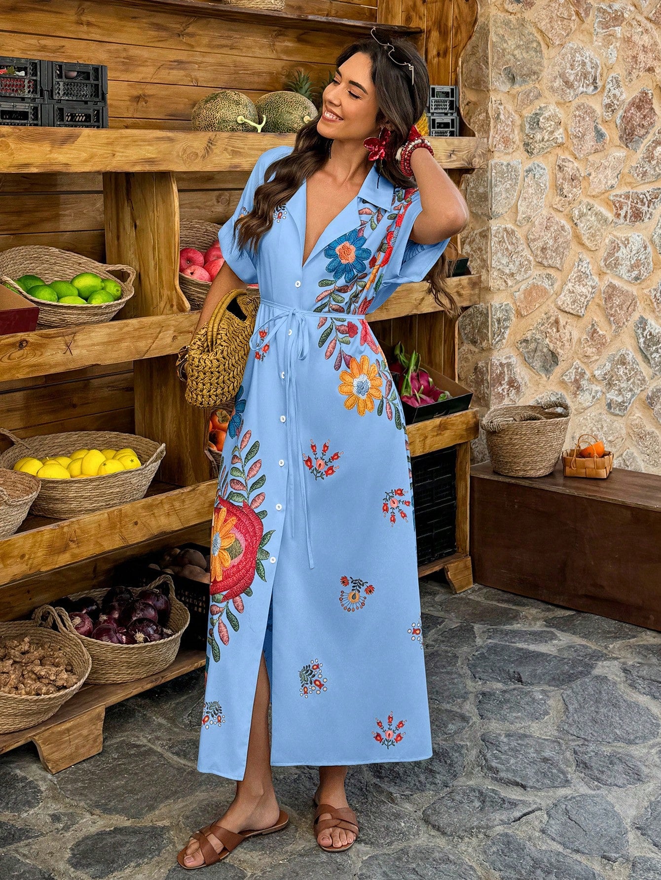 EMERY ROSE Women's Casual Vacation Placement Print Batwing Sleeve Long Dress, Suitable For Daily Wear And Vacation