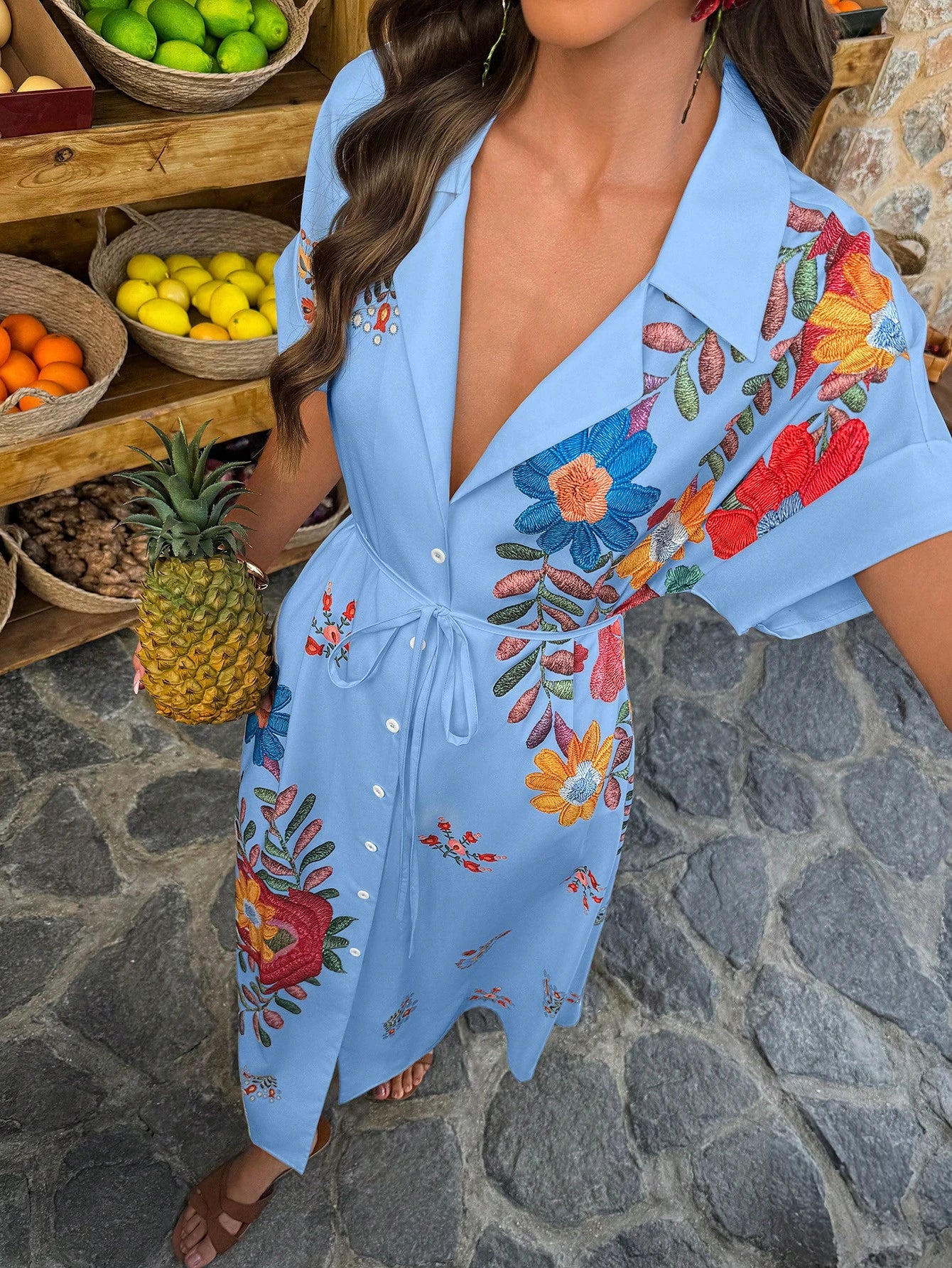 EMERY ROSE Women's Casual Vacation Placement Print Batwing Sleeve Long Dress, Suitable For Daily Wear And Vacation