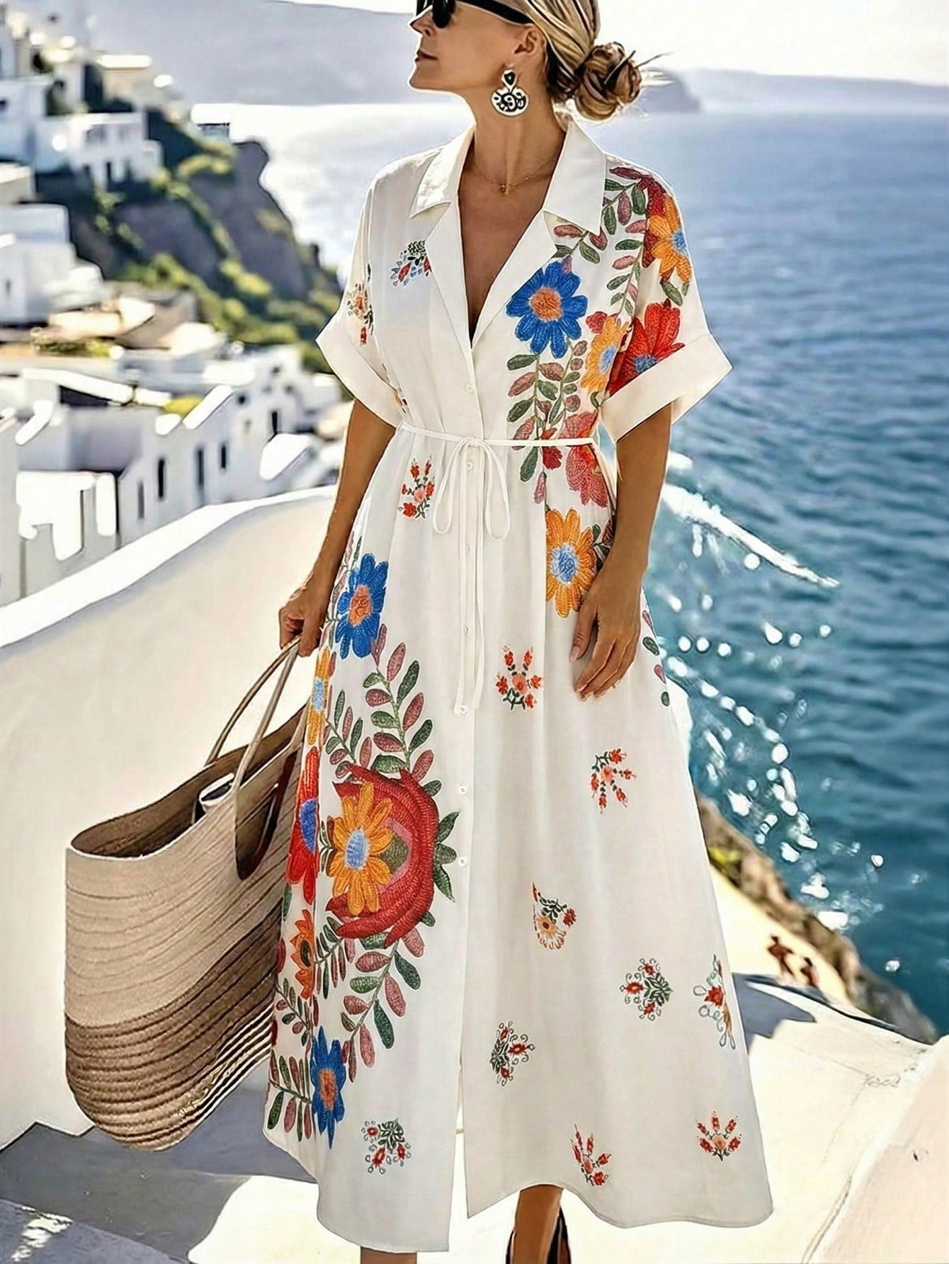 EMERY ROSE Women's Casual Vacation Placement Print Batwing Sleeve Long Dress, Suitable For Daily Wear And Vacation
