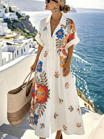 EMERY ROSE Women's Casual Vacation Placement Print Batwing Sleeve Long Dress, Suitable For Daily Wear And Vacation