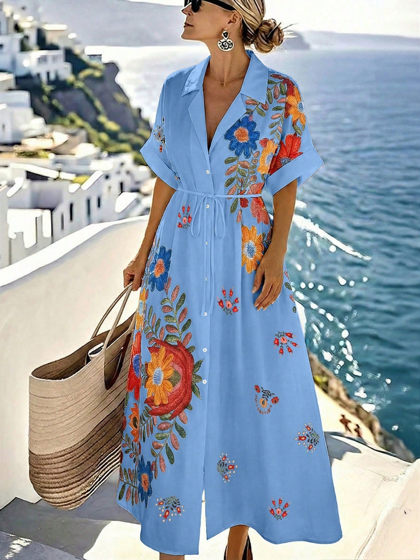 EMERY ROSE Women's Casual Vacation Placement Print Batwing Sleeve Long Dress, Suitable For Daily Wear And Vacation