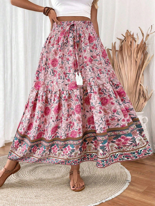 EMERY ROSE Women's Drawstring Waist Tassels Decor A-Line Ruffle Hem Skirt Maxi Vacation Beach Fall Cloth For Women