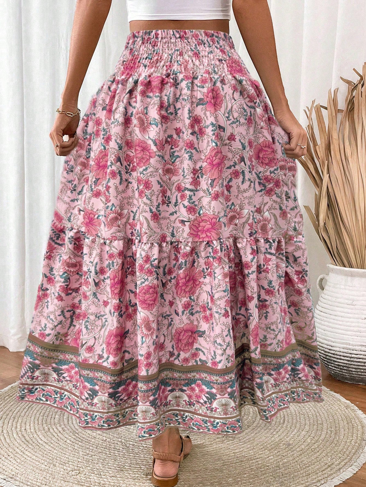 EMERY ROSE Women's Drawstring Waist Tassels Decor A-Line Ruffle Hem Skirt Maxi Vacation Beach Fall Cloth For Women