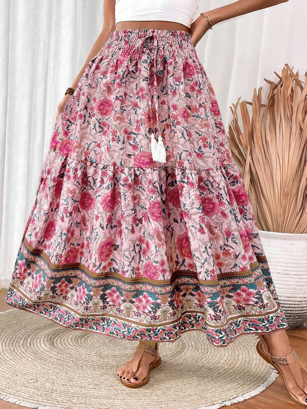 EMERY ROSE Women's Drawstring Waist Tassels Decor A-Line Ruffle Hem Skirt Maxi Vacation Beach Fall Cloth For Women