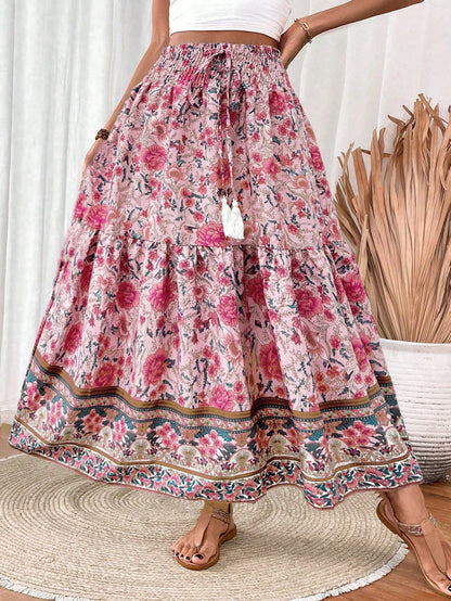 EMERY ROSE Women's Drawstring Waist Tassels Decor A-Line Ruffle Hem Skirt Maxi Vacation Beach Fall Cloth For Women