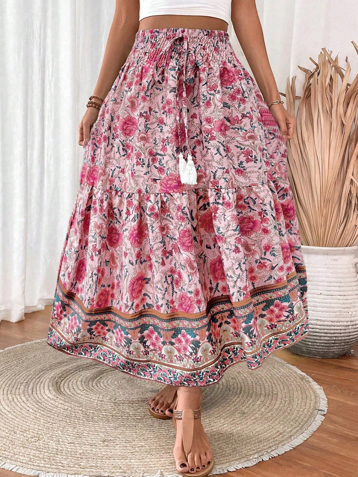 EMERY ROSE Women's Drawstring Waist Tassels Decor A-Line Ruffle Hem Skirt Maxi Vacation Beach Fall Cloth For Women