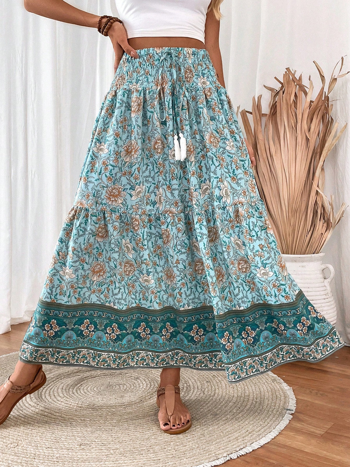 EMERY ROSE Women's Drawstring Waist Tassels Decor A-Line Ruffle Hem Skirt Maxi Vacation Beach Fall Cloth For Women