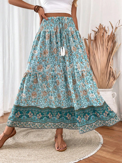 EMERY ROSE Women's Drawstring Waist Tassels Decor A-Line Ruffle Hem Skirt Maxi Vacation Beach Fall Cloth For Women