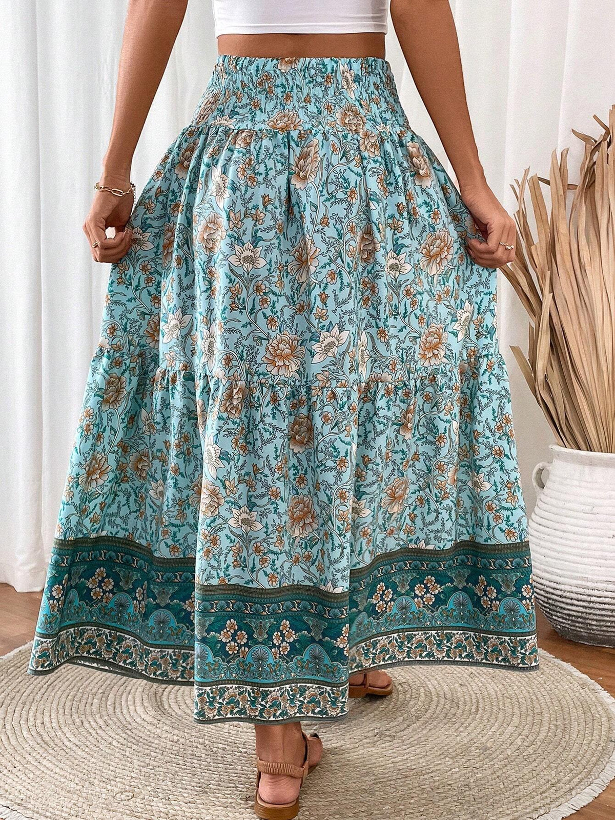 EMERY ROSE Women's Drawstring Waist Tassels Decor A-Line Ruffle Hem Skirt Maxi Vacation Beach Fall Cloth For Women
