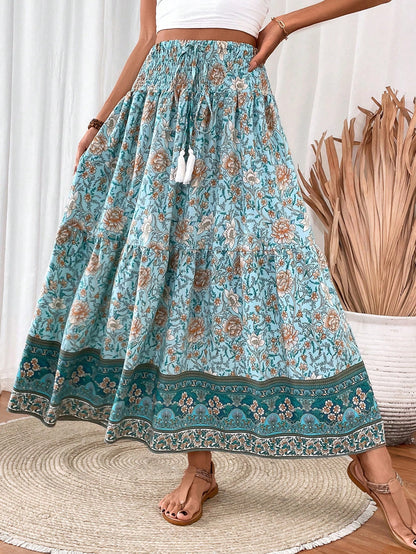 EMERY ROSE Women's Drawstring Waist Tassels Decor A-Line Ruffle Hem Skirt Maxi Vacation Beach Fall Cloth For Women