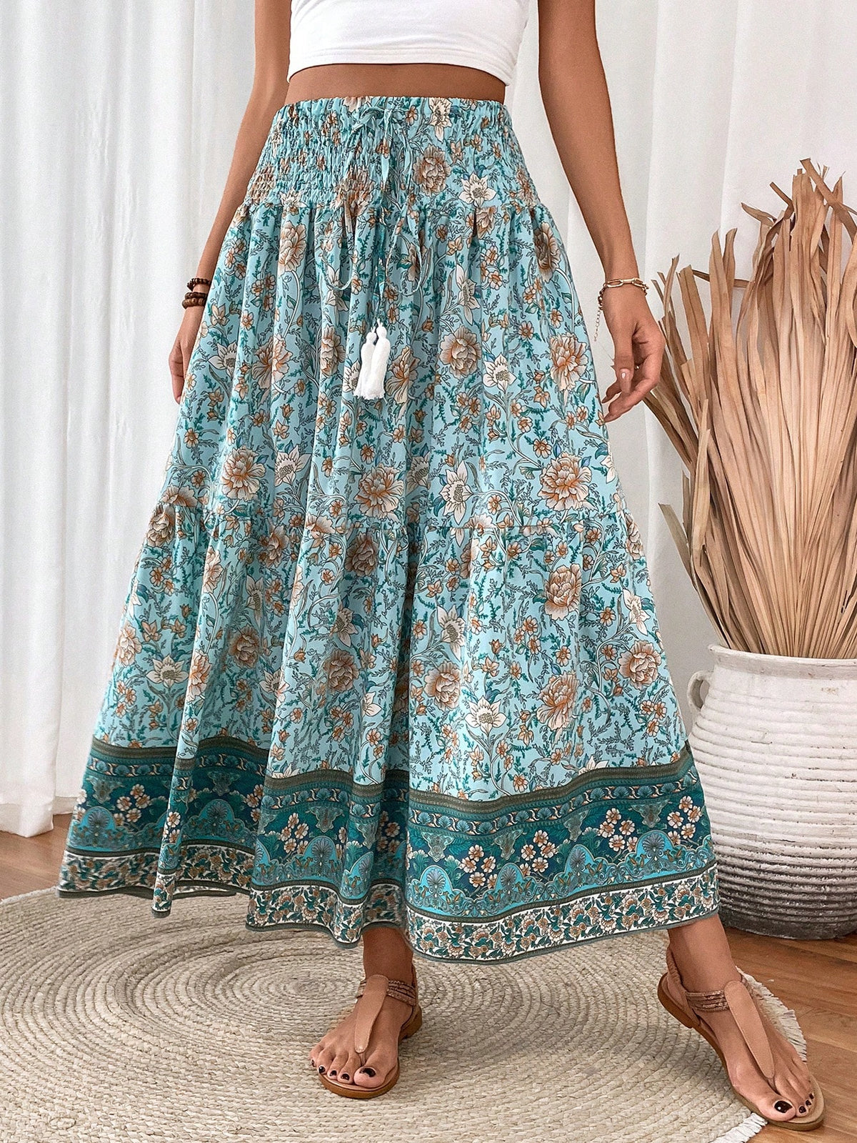 EMERY ROSE Women's Drawstring Waist Tassels Decor A-Line Ruffle Hem Skirt Maxi Vacation Beach Fall Cloth For Women