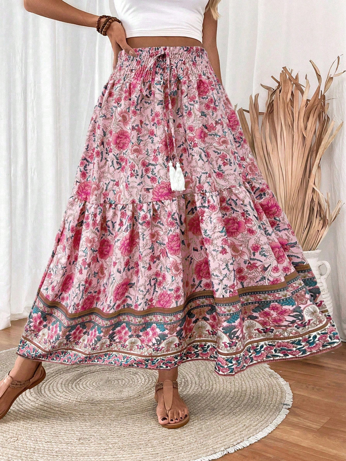EMERY ROSE Women's Drawstring Waist Tassels Decor A-Line Ruffle Hem Skirt Maxi Vacation Beach Fall Cloth For Women