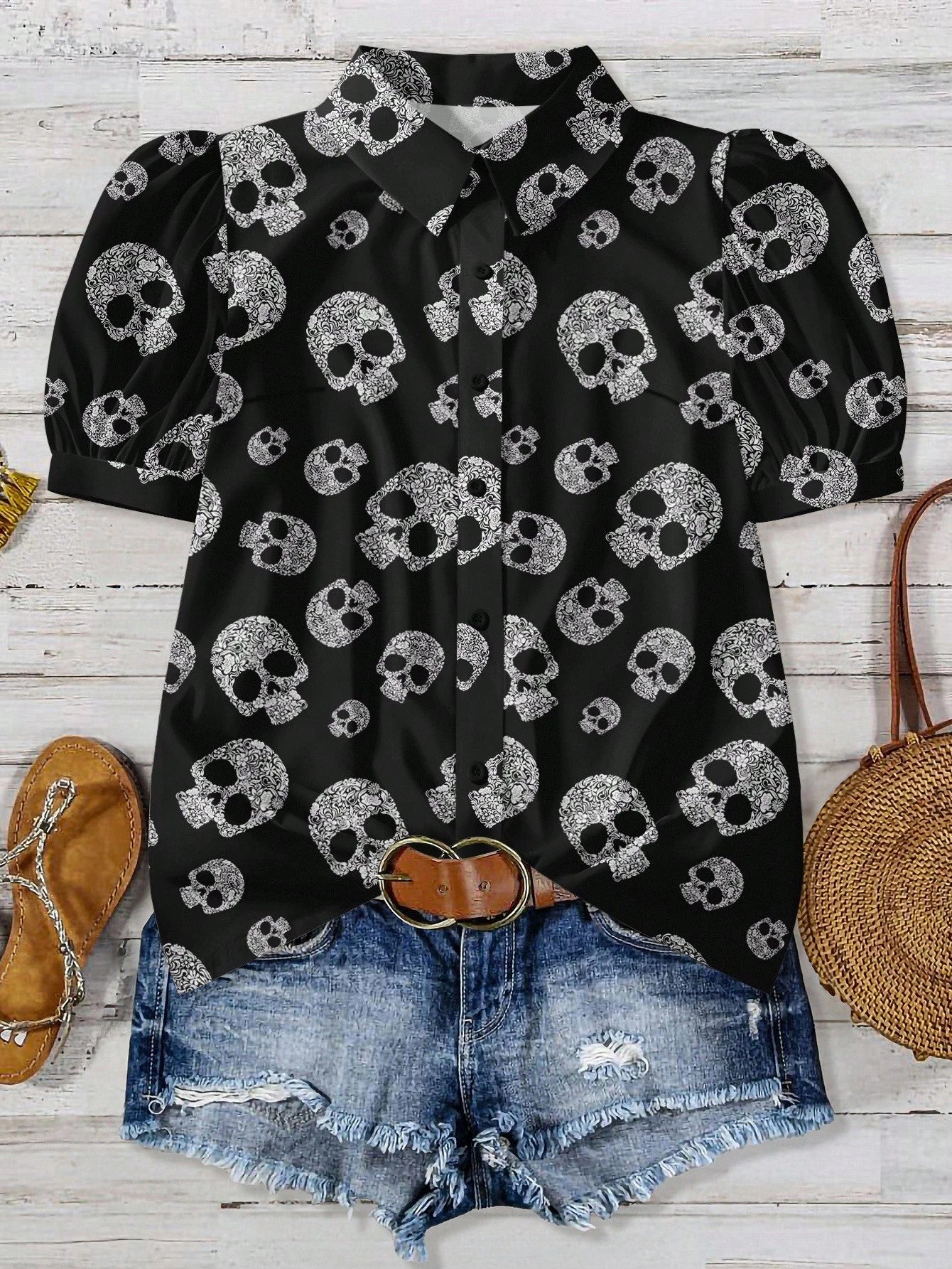 EMERY ROSE Women's Plus Size Halloween Skull Pattern Puff Sleeve Shirt,Casual Black Summer Goth Blouses For Concert Festival,Bohemian Renaissance Chic Clothing