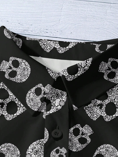 EMERY ROSE Women's Plus Size Halloween Skull Pattern Puff Sleeve Shirt,Casual Black Summer Goth Blouses For Concert Festival,Bohemian Renaissance Chic Clothing