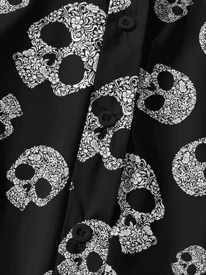 EMERY ROSE Women's Plus Size Halloween Skull Pattern Puff Sleeve Shirt,Casual Black Summer Goth Blouses For Concert Festival,Bohemian Renaissance Chic Clothing