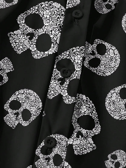 EMERY ROSE Women's Plus Size Halloween Skull Pattern Puff Sleeve Shirt,Casual Black Summer Goth Blouses For Concert Festival,Bohemian Renaissance Chic Clothing