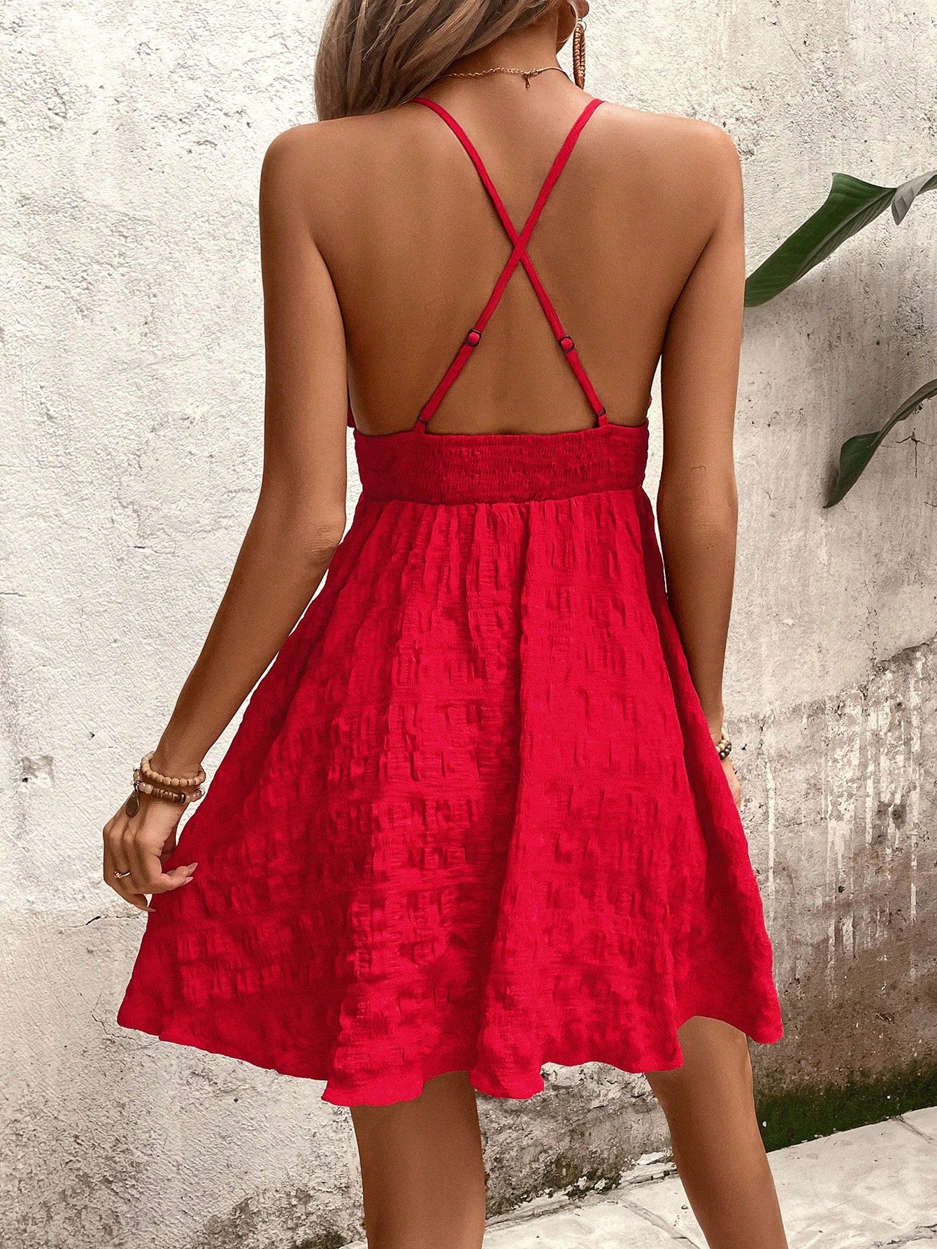 EMERY ROSE Women's Red Summer Casual Sleeveless A-Line Dress,Gathered Waist Textured Fabric Holiday Vacation Beach Outfit,New Year Clothes,Holiday