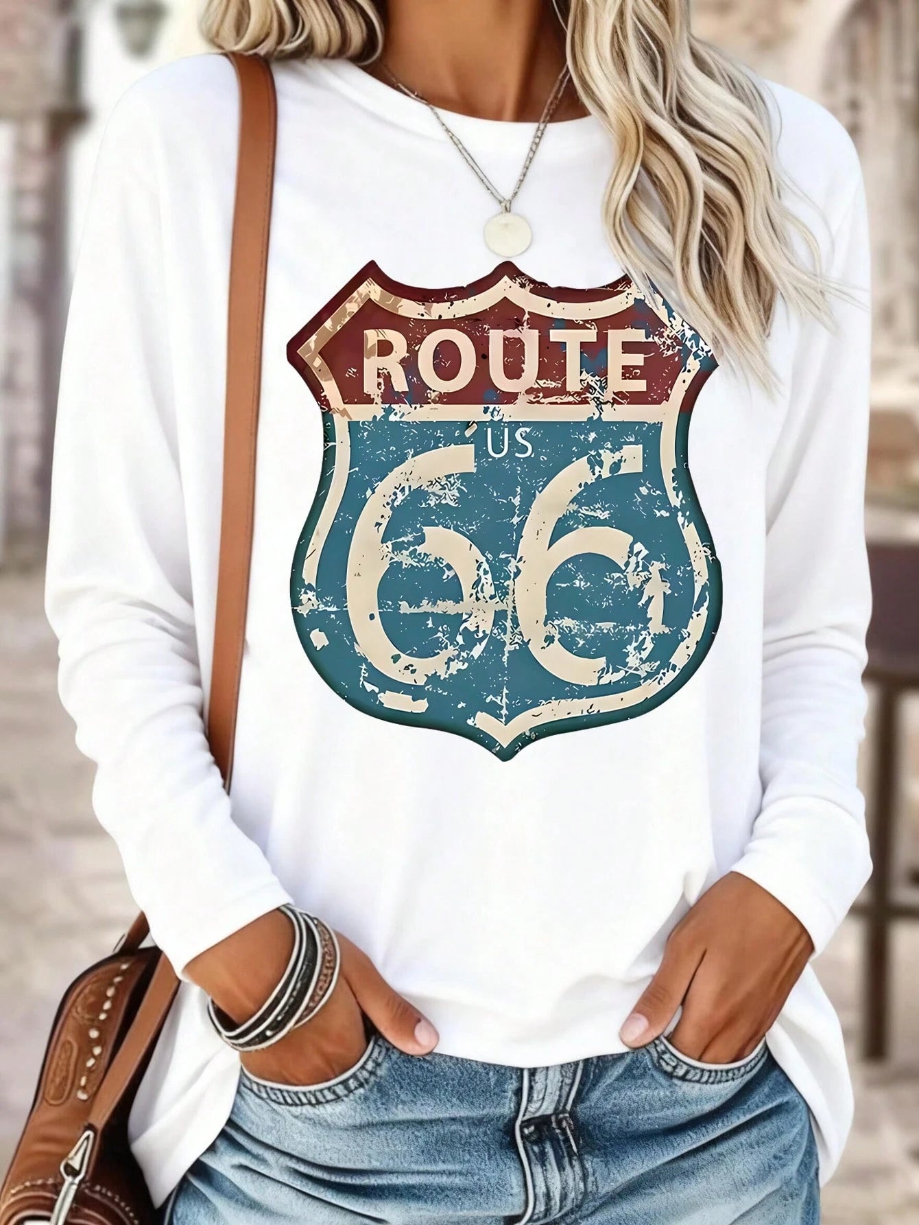 EMERY ROSE Women's Retro Route 66 Pattern T-Shirt, Women's Casual Long Sleeve T-Shirt With Slogan Print, Spring/Summer, Machine Washable