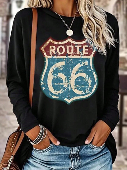 EMERY ROSE Women's Retro Route 66 Pattern T-Shirt, Women's Casual Long Sleeve T-Shirt With Slogan Print, Spring/Summer, Machine Washable