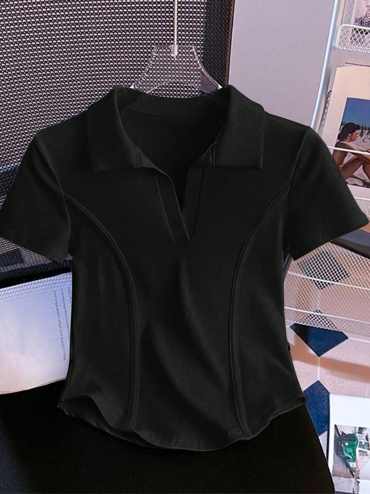 EMERY ROSE Women's Solid Color Casual Turndown Collar Short Sleeve T-Shirt