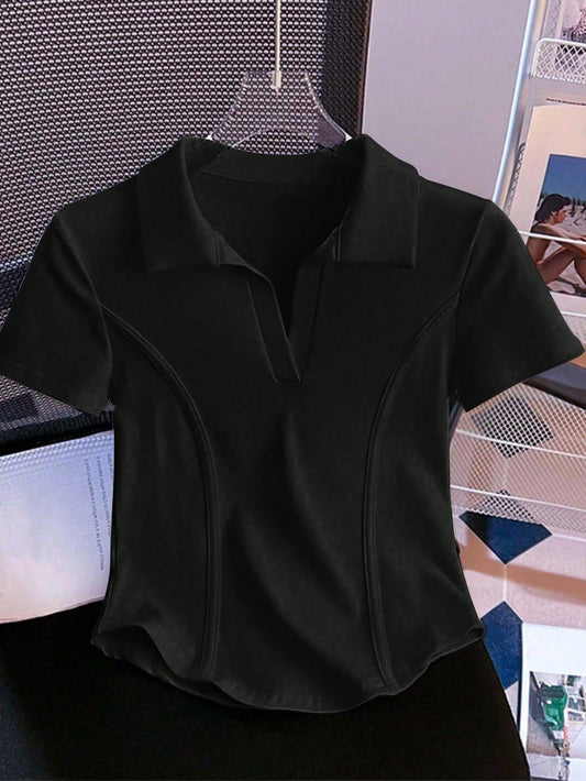 EMERY ROSE Women's Solid Color Casual Turndown Collar Short Sleeve T-Shirt