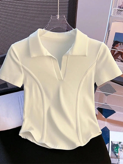EMERY ROSE Women's Solid Color Casual Turndown Collar Short Sleeve T-Shirt
