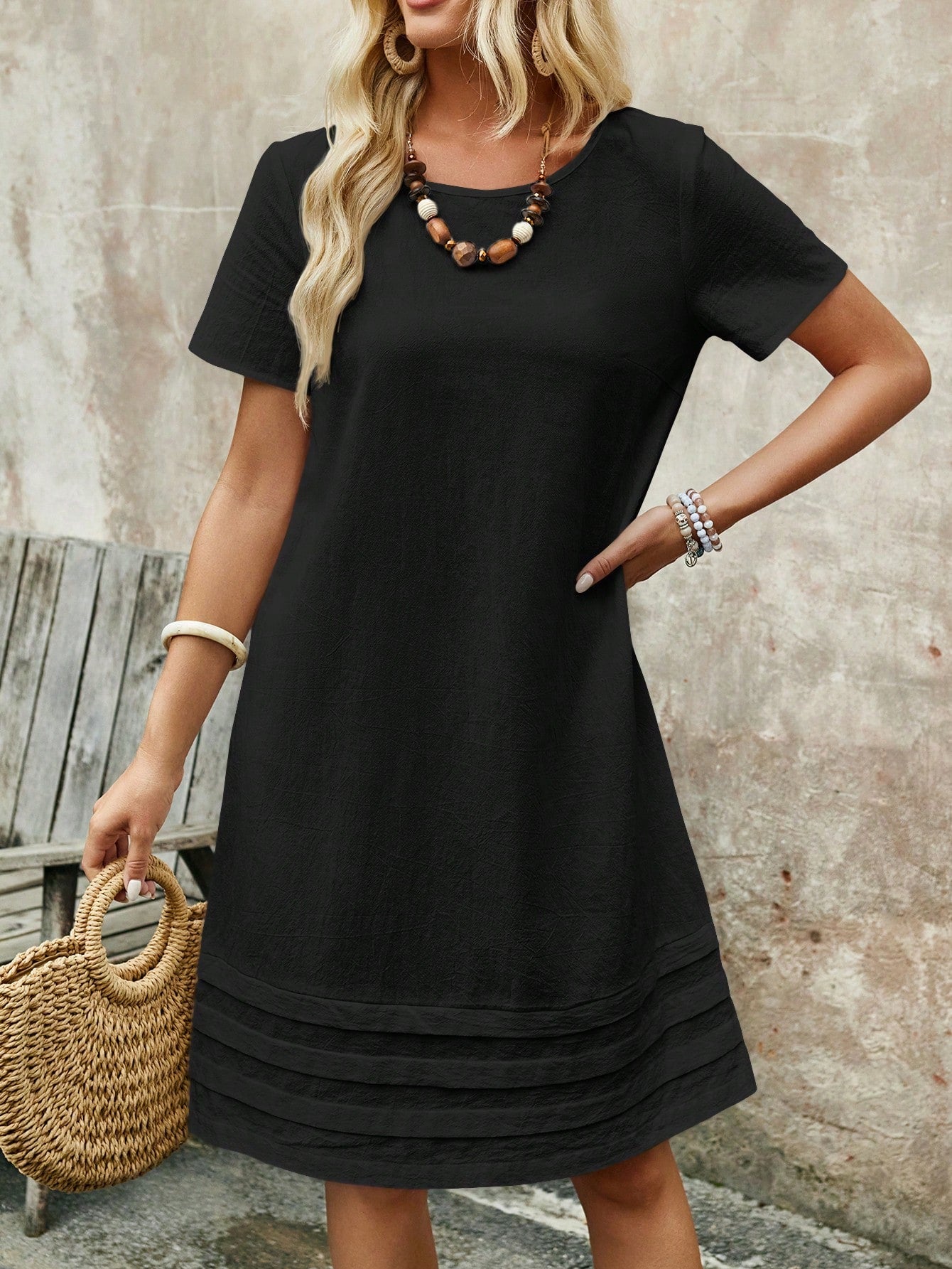 EMERY ROSE Women's Solid Color Round Neck Short Sleeve Simple Casual Dress, For Daily Wear