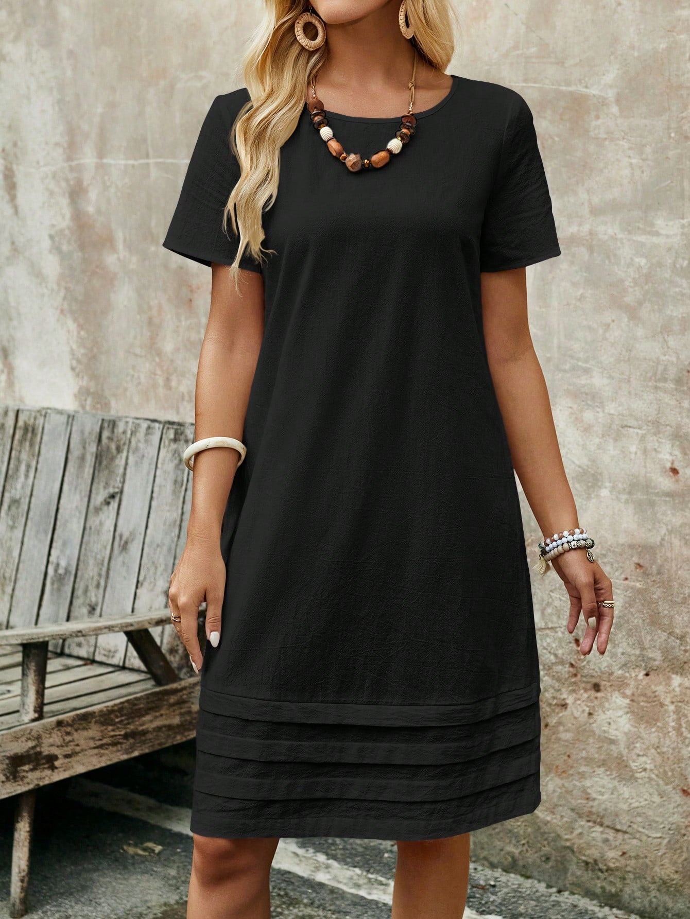 EMERY ROSE Women's Solid Color Round Neck Short Sleeve Simple Casual Dress, For Daily Wear