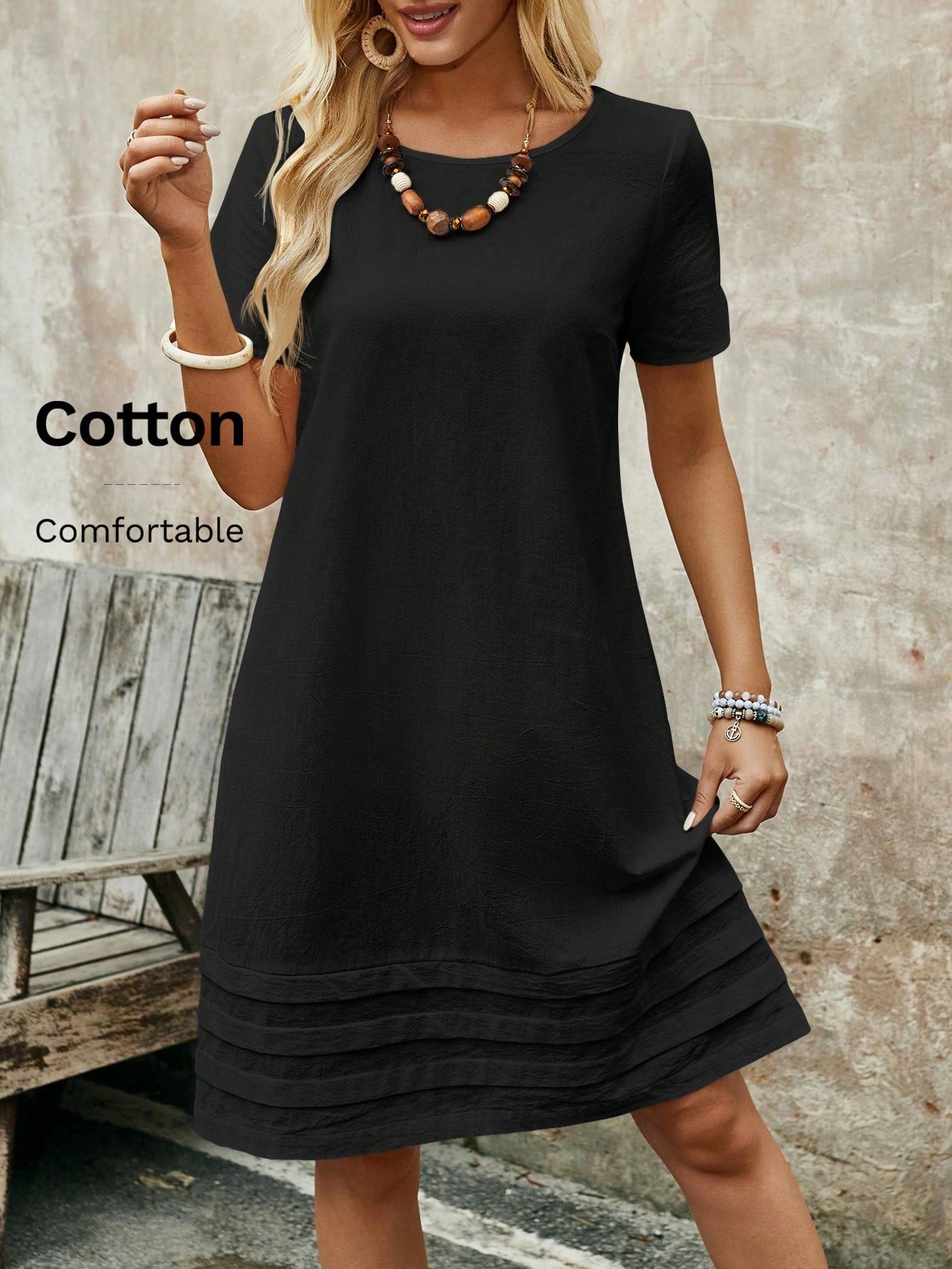 EMERY ROSE Women's Solid Color Round Neck Short Sleeve Simple Casual Dress, For Daily Wear