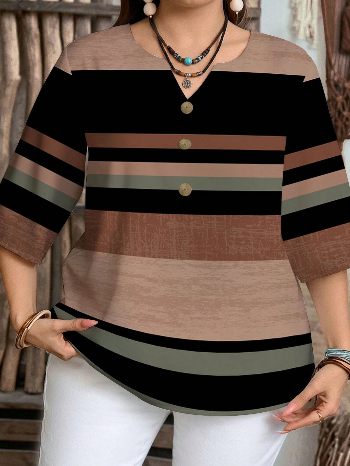 EMERY ROSE Women's Vacation Casual Colorblock Striped Shirt