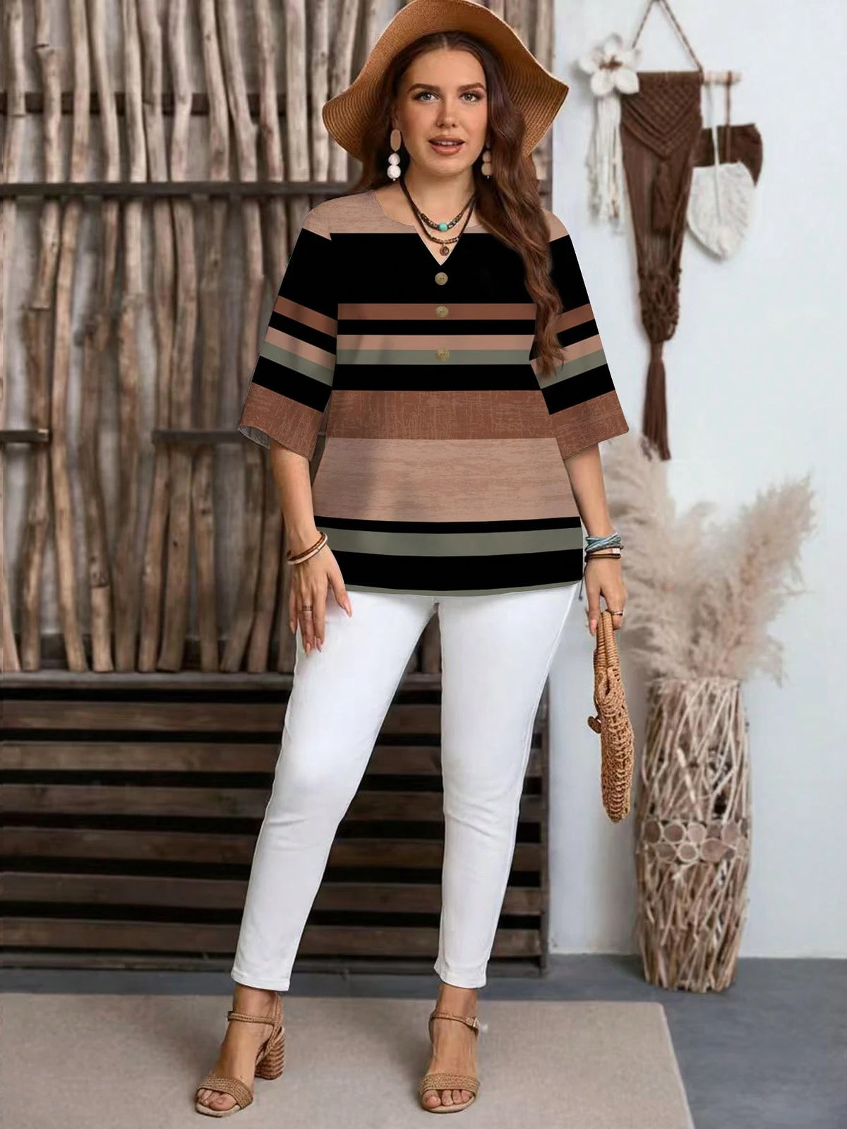EMERY ROSE Women's Vacation Casual Colorblock Striped Shirt