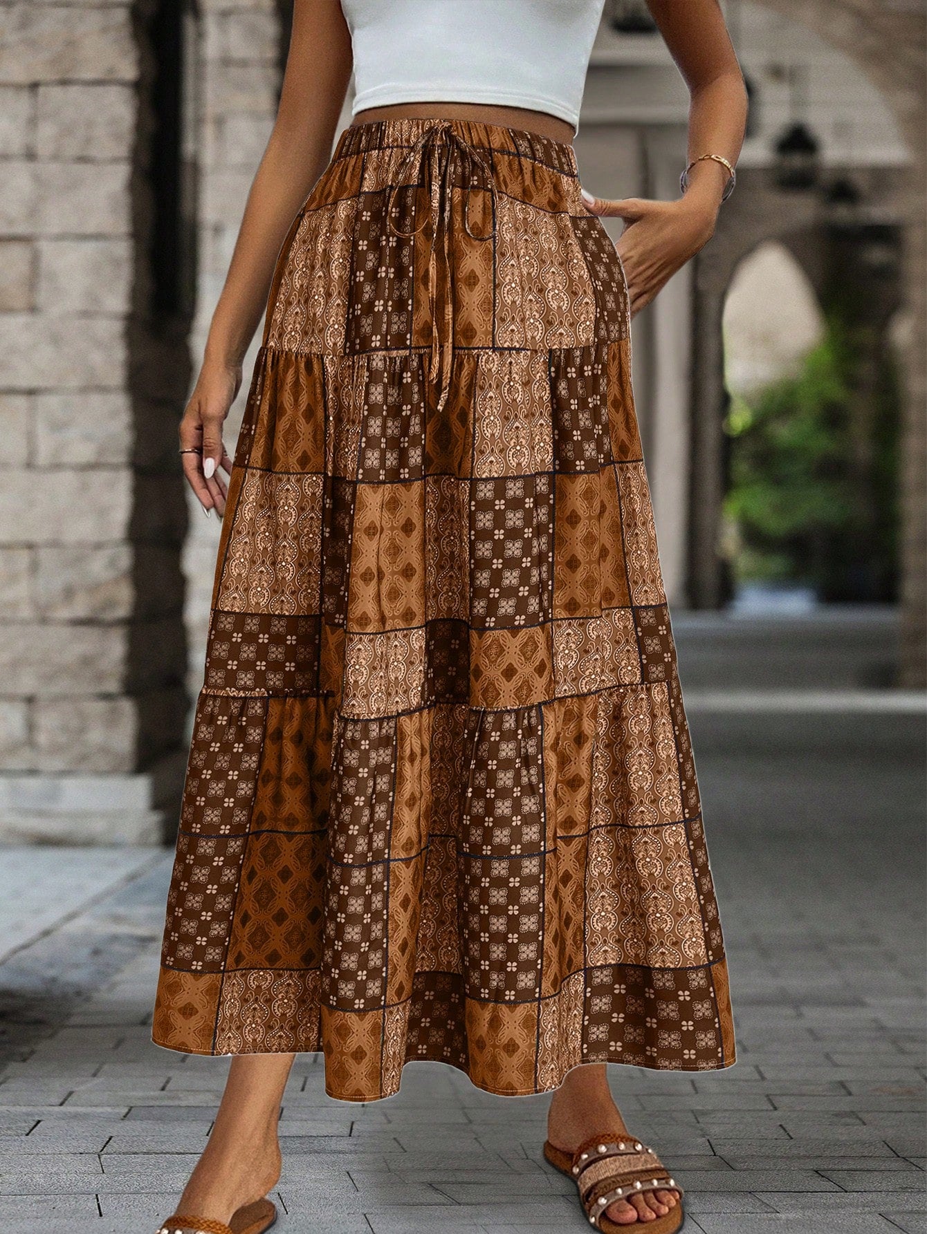 EMERY ROSE Women's Vintage Style Printed Simple Daily A-Line Skirt Fall
