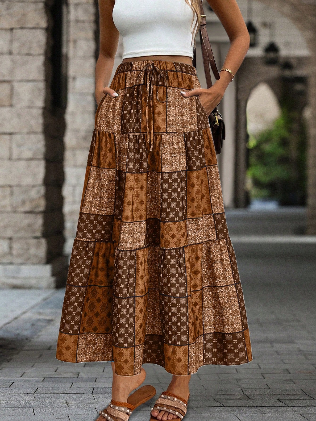 EMERY ROSE Women's Vintage Style Printed Simple Daily A-Line Skirt Fall